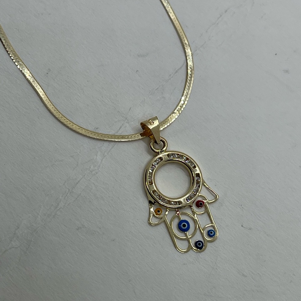 10K Gold Hamsa Herringbone Necklace - Picture 8 of 10